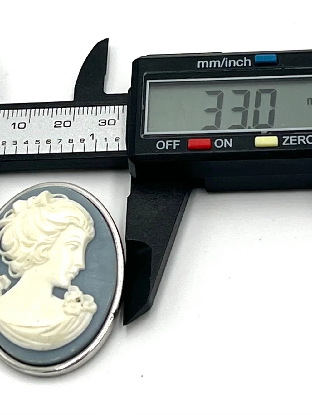 Crown Trifari Emboss Cameo Silvertone Blue Celluloid Brooch